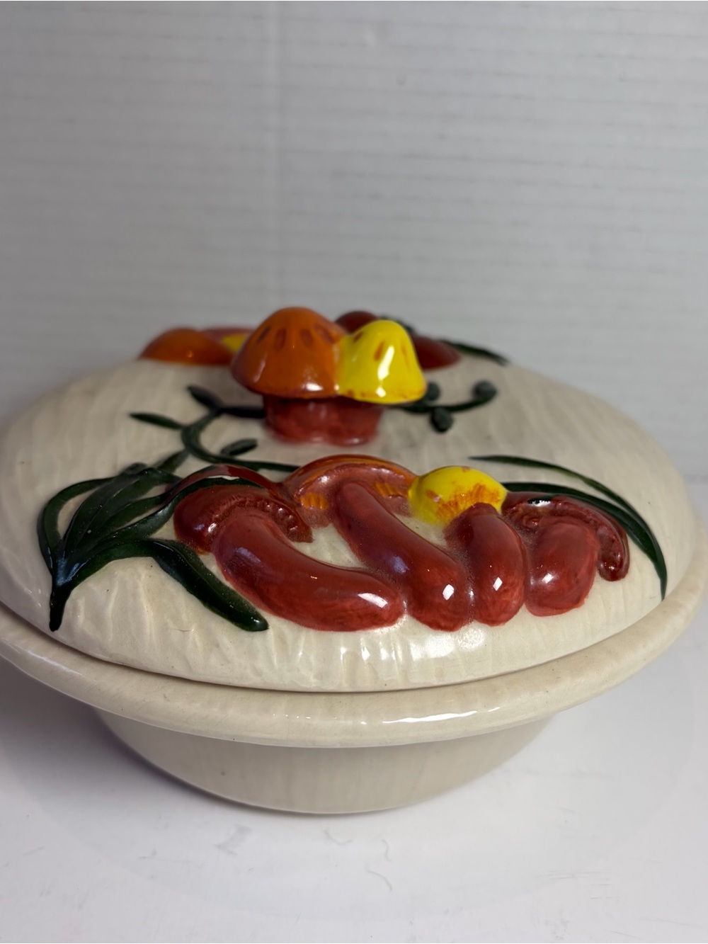 VTG 1970s Arnel's Mushroom Lidded Dish Hand Painted Yellow Green Rust